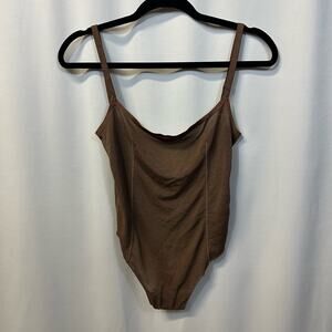 SKIMS Brown Mesh Thong Bodysuit Adjustable Strap Square Neck Small